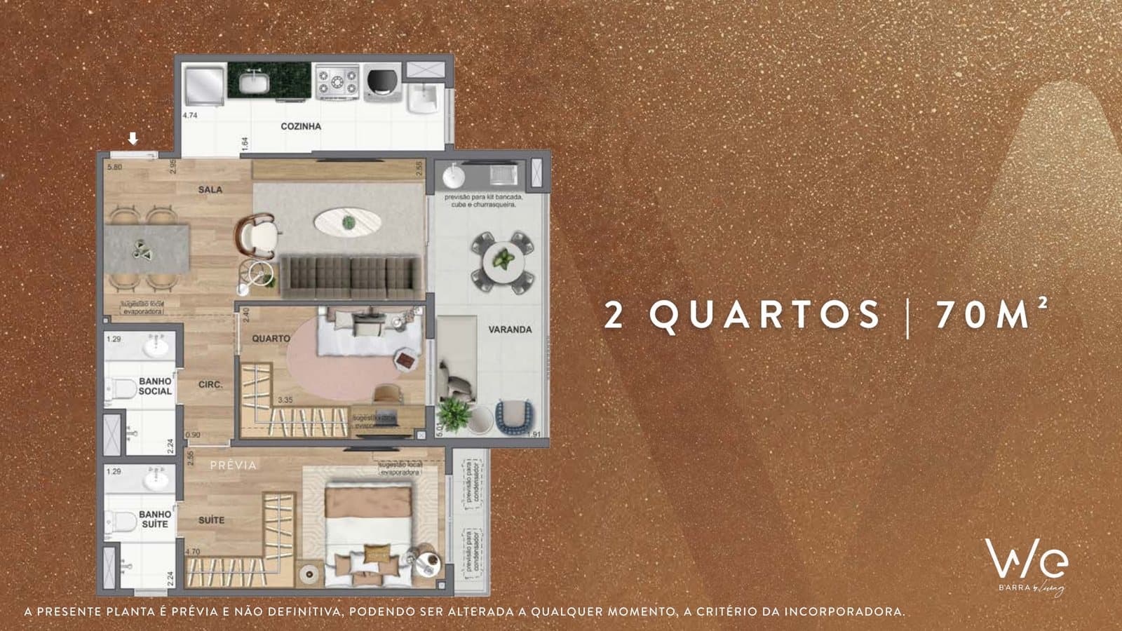 Planta 2 quartos 63m² e 70m² — WE Barra by Living / Cyrela